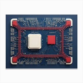 Blue Circuit Board With A Blank White Square In The Center And Red Accents, On A Dark Blue Background Canvas Print