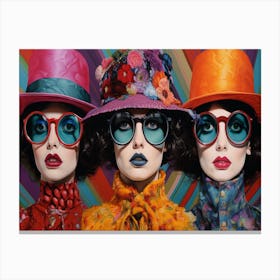 Three Women Wearing Colored Hats Glasses And Hats 3 Canvas Print