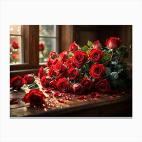 Red Roses In Front Of Window Canvas Print