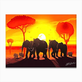 Serengeti Safari - Elephants At Sunset Dusk Canvas Print