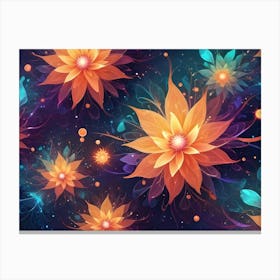 Vibrant, Glowing Orange And Teal Flowers On A Dark, Starry Background, Creating A Magical And Whimsical Scene Canvas Print