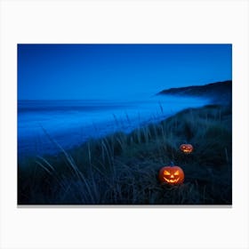 Jack O Lanterns With Eerie Glows Emanating A Soft Light Scattered Along A Desolate Shoreline Early (2) Canvas Print