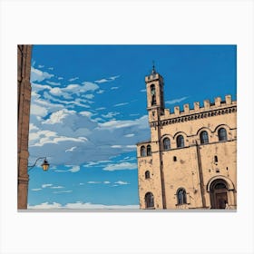 Palazzo dei Consoli (Palace of the Consuls) in Gubbio. A beautifully preserved medieval-style building with intricate stonework and arched windows under a vibrant blue sky. Its towering presence, complete with a clock tower, dominates a sunlit square where visitors stroll and admire the architecture. The scene captures the charm and history of a European town center. 1 Canvas Print