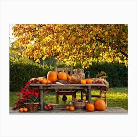 Autumnal Still Life Composition Featuring A Wooden Table Set In A Rustic Garden During The Golden Ho (3) Canvas Print