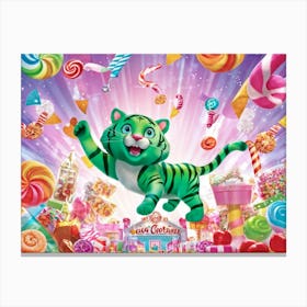 Illustration Of A Cheery Green Tiger Surrounded By An Array Of Whimsical Candy Shop Delights Pastel Canvas Print