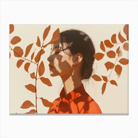 Asian Girl With Autumn Leaves Canvas Print