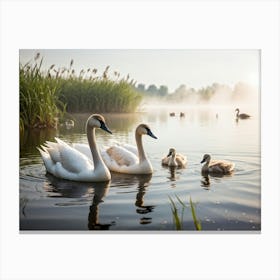 Swan Family With Cygnets Gliding On A Serene Lake Canadian Geese And Ducks Paddling Nearby Feather (1) Canvas Print