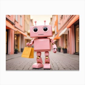 A Pink Robot With Golden Accents Stands In A City Street, Holding A Yellow Shopping Bag 1 Canvas Print