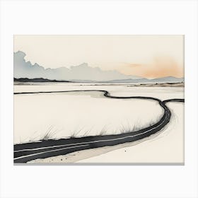 A Watercolor Painting Of A Winding Road Through A Desolate Landscape With Mountains In The Background Canvas Print