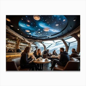 Futuristic Nordic Style Coffee Shop Suspended In The Zero Gravity Of Space Patrons Leisurely Drinki Canvas Print