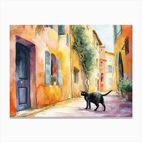 Ajaccio, France   Black Cat In Street Art Watercolour Painting 3 Canvas Print