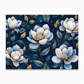 Luxurious Dark Blue Watercolor Artwork Features Exotic Magnolia Flowers in A Seamless, Baroque inspired 3d Floral Canvas Print