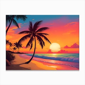 A Tranquil Beach At Sunset Horizontal Illustration 33 Canvas Print