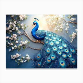 3d Background Blue Peacock on Branch 2 Canvas Print