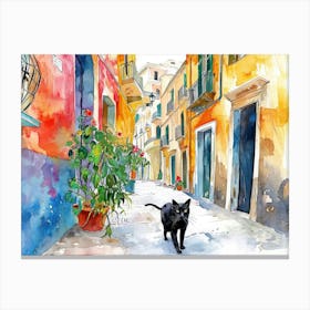 Black Cat In Cagliari, Italy, Street Art Watercolour Painting 1 Canvas Print