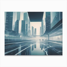 A Futuristic Cityscape With Towering Buildings, Glowing Lines Of Energy, And Figures Walking In The Distance Canvas Print