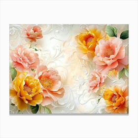 3d Stretch Ceiling Designation with Orange and Yellow Flowers, Pink Peonies and White Swirls Canvas Print