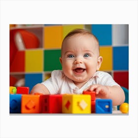 Baby Smiling Engaging With Vibrant Blocks Of Primary Colors Soft Focus Background Enhancing The Ch (1) Canvas Print