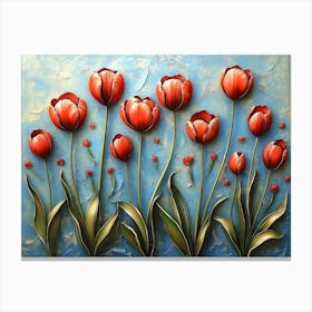 Painting Group Red Tulips Blue Background Are Arranged Tulip Flower Canvas Print