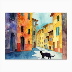 Black Cat In Arezzo, Italy, Street Art Watercolour Painting 2 Canvas Print