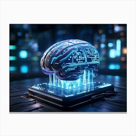 Cybernetic Brain Computer Interface Glowing With Neon Circuitry Entwined With Holographic Digital S (6) Canvas Print