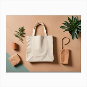 A Minimalist Image Featuring A White Tote Bag With A Brown Handle, Surrounded By Natural Elements Such As A Potted Plant, A Branch, And A Brown Pouch, Creating A Simple And Elegant Design Canvas Print