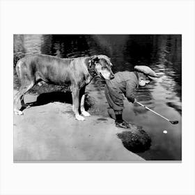 Boy And His Dog, Boy Playing Golf, Vintage Black and White Old Photo Canvas Print