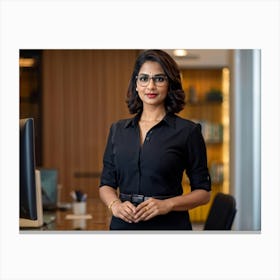 Indian Businesswoman In 30s Confident Posture Modern Twist On Formal Saree Short Styled Hair Sp Canvas Print