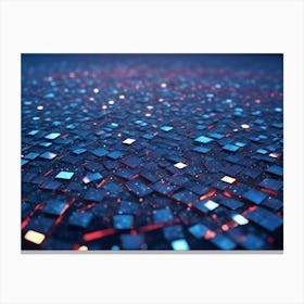 Abstract 3d Digital Landscape With A Textured Surface Made Of Blue Squares With Glowing Red Lights Canvas Print