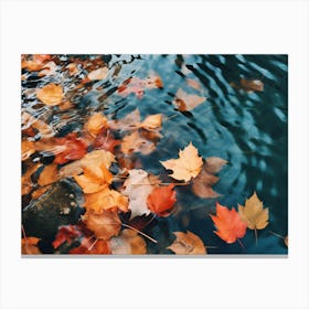 Fall's Fluid Fantasia: Vibrant Leaves in Watery Whirl. Autumn Leaves In Water. Liquid Luster: Vibrant Autumn Leaves in a Dance with the Water Canvas Print