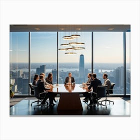 Confident Ceo Seated At The Head Of A Sleek Gleaming Mahogany Conference Table Leading An Energize (5) Canvas Print