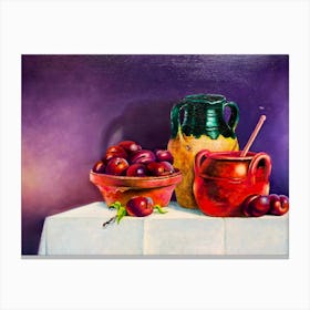 Plums And Jug oil painting Canvas Print