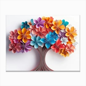 Colorful 3d Origami Paper Tree With Vibrant Flowers On A White Background Canvas Print