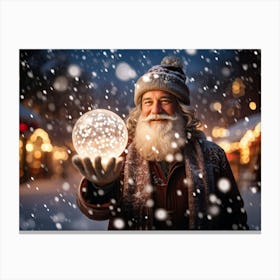 A Snowy Holiday Evening Time Scene Featuring A Man Holding A Luminous Orb That Glimmers With Encapsu Canvas Print