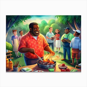 Man Grilling Food With Friends Around Him At A Backyard Barbecue Canvas Print