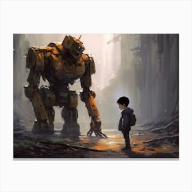 Boy standing in awe, looking at a damaged robot Canvas Print