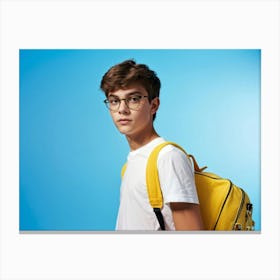 Portrait Of An 18 Year Old Boy Exuding Youthfulness Confidently Carrying A Yellow Schoolbag Agains Canvas Print