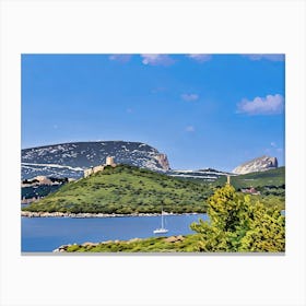 Capo Caccia Sardinia. This image shows a green, mountainous landscape bordering calm blue water, with a sailboat in the foreground. The background includes rugged peaks and scattered historical structures, all beneath a bright, clear sky. Canvas Print