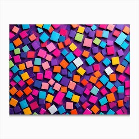 Abstract Pattern Of Colorful Squares Scattered Across A Purple Background, Creating A Playful And Vibrant Visual Effect Canvas Print