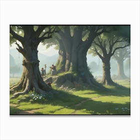 Two Figures Stand Next To A Large, Old Tree In A Peaceful Forest Clearing Canvas Print