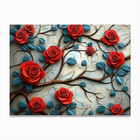 3d Red Roses On Branches With Leaves Canvas Print