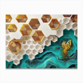 Golden Hexagons Float Amidst White Lattice On Oak, Complemented By Abstract Turquoise Patterns 1 Canvas Print