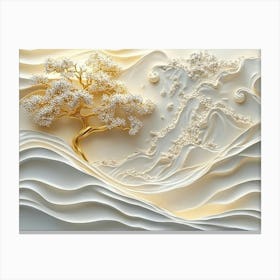 3d White and Gold Wave, 3d Gold Tree Canvas Print