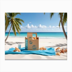 A Picnic Basket With Snacks And A Glass Of Milk Set On A Blue Blanket On A Tropical Beach, Surrounded By Palm Trees, Creating A Relaxing And Idyllic Scene Canvas Print