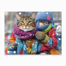 Cat And Girl In The Snow Canvas Print