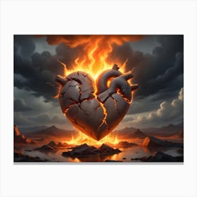 A Digital Painting Of A Heart Made Of Stone, Burning With Flames In A Dark, Rocky Landscape Canvas Print