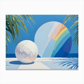 Tropical Scene With White Sphere, Palm Trees, And Rainbow Canvas Print