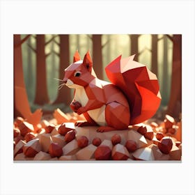 Low Poly Red Squirrel Sitting On A Log Surrounded By Acorns In A Forest Canvas Print