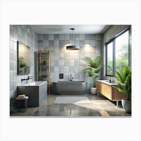 Modern Bathroom Interior With Grey Tiles, Wooden Vanity, And Green Plants Canvas Print