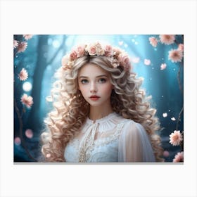 Whimsical Girl Adorned With A Floral Wreath Cascading Skeleton Flowers Hair Sporting Elaborate Curl Canvas Print